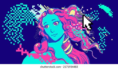 Pixel art vector illustration of Venus in anime style. Webpunk and webkitsch aesthetics.