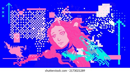 Ilustración vectorial del arte de la Pixel de Venus en estilo anime. Estética Webpunk y webkitsch.