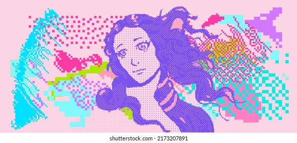 Pixel art vector illustration of Venus in anime style. Webpunk and webkitsch aesthetics.