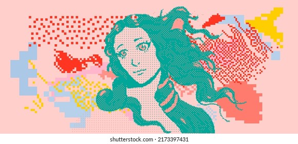 Pixel art vector illustration of Venus in anime style. Webpunk and webkitsch aesthetics.