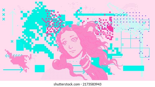Pixel art vector illustration of Venus in anime style. Webpunk and webkitsch aesthetics.