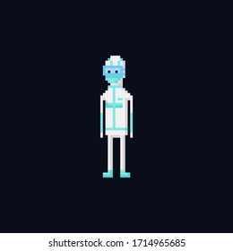 Pixel art vector illustration - white medical coronavirus protective suit and blue mask. virus health care specialists isolated