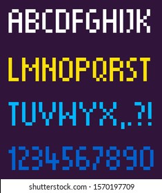 Pixel art vector, isolated numbers and letters alphabetical order abs, pixelated video game text, title of yellow and blue color mosaic representation retro graphics