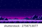 Pixel art vector landscape featuring purple mountains under starry night sky. Retro 8 bit style scenery for gaming background. Digital illustration of night horizon and twilight horizon.