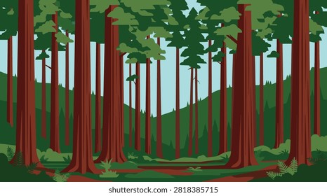 A pixel art vector landscape featuring giant redwood tree trunks, lush green canopy, rolling forest hills, and ferns under a clear light sky.