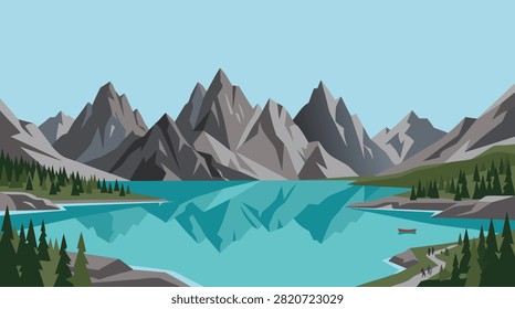 Pixel art vector landscape featuring turquoise mountain lake, sharp rocky peaks, pine forest, hikers on trail, and canoe on water under clear sky.