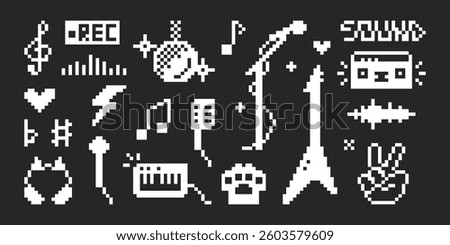 Pixel art vector music set. Retro musical instruments and radio equipment icons. Digital sound waves, typographic, disco and rock culture elements in Y2K aesthetic for stickers and prints.