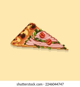 Pixel art vector object, 8bit video game style, Slice of pizza, Wild rocket, Tomato, Parma ham, Yellow background, Isolated vector