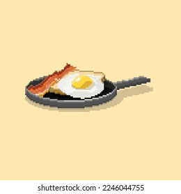 Pixel art vector object, 8bit video game style, Brakefast on hot pan, Bacon, Egg, Bread, Yellow background, Isolated vector