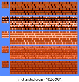 Pixel art vector for platformers platform games -  different types of red brick wall texture. Retro arcade game environment design.