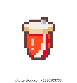 Pixel Art Vector Red Cup with Lemonade. Retro 8 bit Style Drink Soda Illustration. Ideal for Sticker, Retro Decorative Element, Emoji, Game Asset, or Cute Geek Avatar.