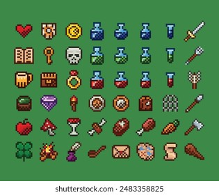 Pixel art vector retro video game icons interface set. Weapon, food, item, potion, magic, sword, shield