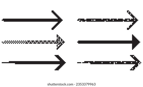 Conjunto de iconos de diseño de flecha recta de vector de arte de píxeles. Puntero de pie y derecho con gráfico de puntos cuadrado digital. Línea de dirección creativa negra para la ilustración de la interfaz de juego y el elemento de orientación.