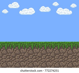 pixel art vector texture - bright day blue sky with clouds green grass land