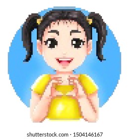 pixel art vector of a twin tails girl showing hand heart gesture