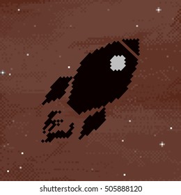 Pixel art vector vintage icon rocket spaceship on brown background.