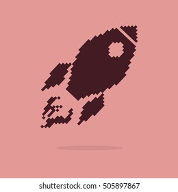 Pixel art vector vintage icon rocket spaceship on pink background.