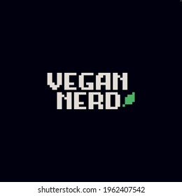 Pixel art vegan nerd text with green leaf on black background