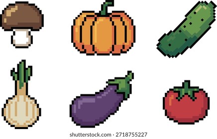 Pixel arte vegetal icono conjunto con champiñón calabaza tomate pepino Vector
