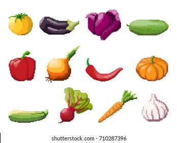 Pixel art vegetables on white background. 8 bit icon set