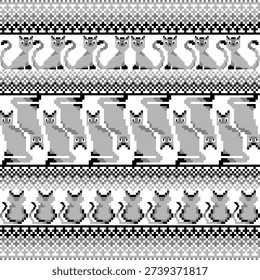 pixel art vichainmas thai cat with white gray black color  
geometric patter,cross stitch ,illustration art vector seamless for fabric texture vintage style  poster