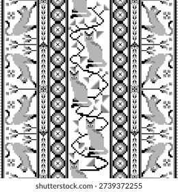 pixel art vichainmas thai cat with white gray black color  
geometric patter,cross stitch ,illustration art vector seamless for fabric texture vintage style  poster