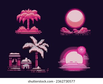 Pixel art video game asset with palm tree and moon icons. Retro 8-bit style vector elements for icon, logotype or print design.