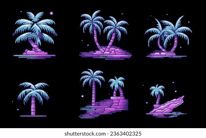 Pixel art video game asset with palm trees. Retro 8-bit style vector elements for icon, logotype or print design.