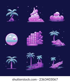Pixel art video game asset with palm trees, moon, clouds and other elements. Retro 8-bit retrowave style icons.