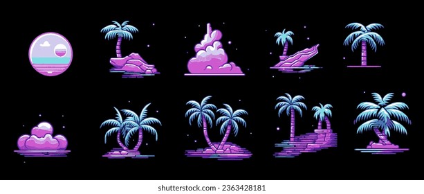 Pixel art video game asset with palm trees. Retro 8-bit style vector elements for icon, logotype or print design.