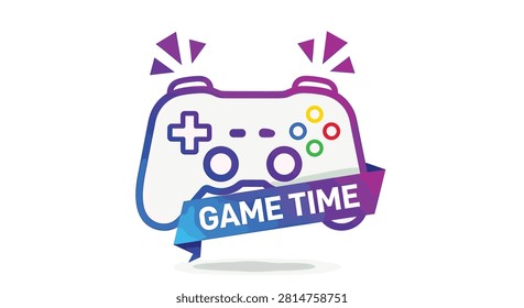 Pixel art video game controller with game time banner for gaming event sticker design