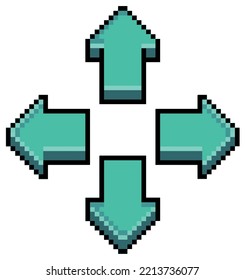 Pixel art video game direction arrow button, direction key vector icon for 8bit game on white background
