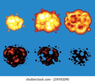 Pixel Art Video Game Explosion Animation Vector Frames Isolated