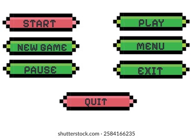 Pixel art video game menu interface with retro start, play, pause, and exit buttons in classic 8-bit style