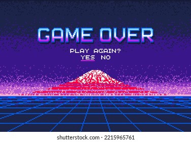 Pixel art video game over screen. Mount Fujiyama. Play again question, 8bit arcade or old console final menu pixel background, vintage videogame user failure, player death display vector interface