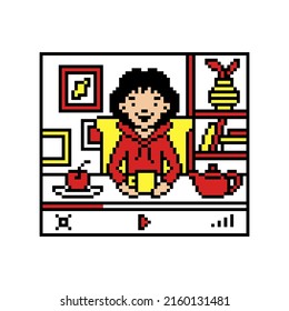Pixel art video player window with a woman talking to camera in her room. Vlog, live stream, distance education course lesson. Teacher, coach, blogger, influencer streaming online. Social media story.