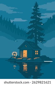 pixel art view of house in the middle of the lake, vector illustration on isolated background.
