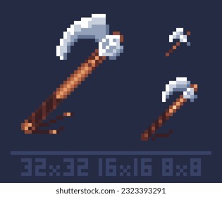 Pixel arte viking ax icono para rpg, juegos de sandbox. Resolución 32x32, 16x16, 8x8