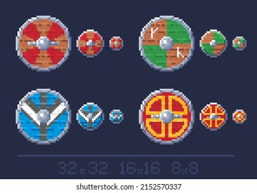 Escudos de visionado de arte para rpg, juegos de arenales. Resolución 32x32, 16x16, 8x8
