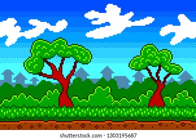 Pixel art village seamless background detailed colorful vector illustration