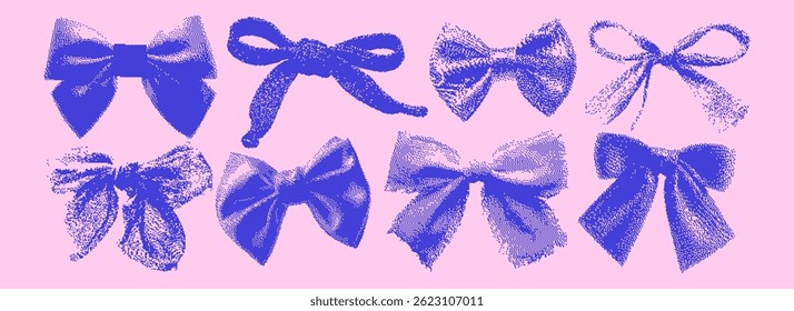 Pixel Art in  Vintage Bows Set on Pink Background, Retro Halftone Style
