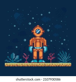 Pixel art vintage deep sea diver on seabed background. Retro scuba diver on ocean bottom landscape, 8 bit game location. Character in old scuba diving gear standing on ocean bottom.