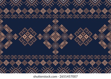 Pixel art vintage knitted fabric ornament seamless edge with traditional Thai flowers