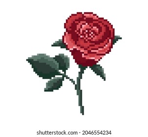 Pixel art vintage rose. 8 bit style retro rose flower vector illustration. Pixelated rose illustration in 8 bit gamer style. Pixel art classic rose flower with leaves. Red bud on a long green stem.
