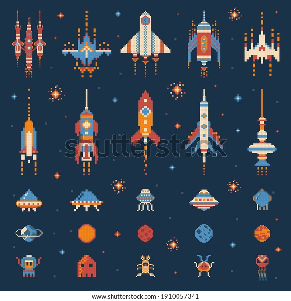 Pixel art vintage space game set with UFO invaders,\
spaceships, rockets, aliens, stars and planets. Alien shooter,\
galaxy battle video game. Nostalgic arcade elements from the 8-bit\
gaming era.