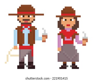 pixel art vintage style illustrations shows male and female argentinian gaucho