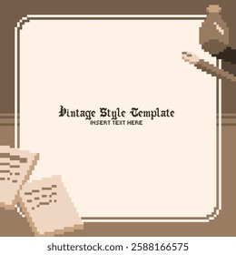 Pixel Art Vintage Style Sepia Note Frame Template Background with Paper and Ink Bottle