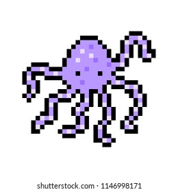 Pixel art violet octopus character isolated on white background. Wildlife/oceanarium/zoo/underwater animal icon. Cute 8 bit logo. Retro vintage 80s; 90s slot machine/video game graphics. 