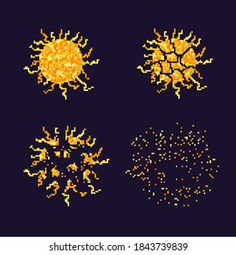 Pixel art virus icon set. Animation frame. Process steps.