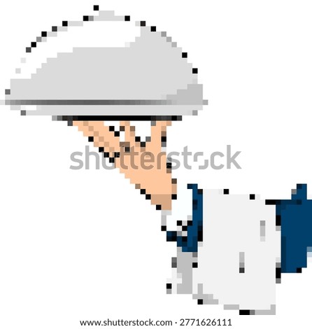 Pixel art waiter hand holding silver cloche tray on transparent background vector illustration